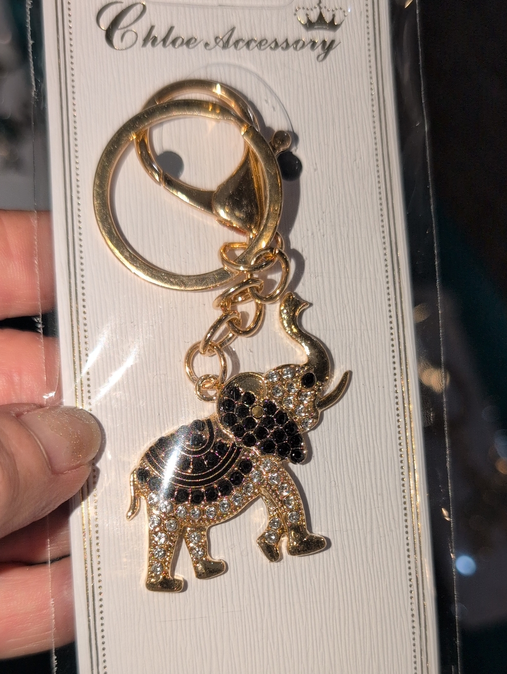Chloe Accessory Gold-tone Elephant Keychain with Black & Clear Crystals